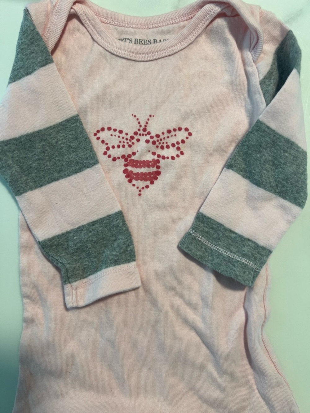 Light Pink Long-Sleeve Organic Cotton Footie with Gray Striped Sleeves